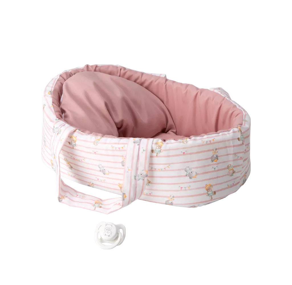 Arias kūdikėlis rožinėje nešyklėje su meškiukais, 26 cm