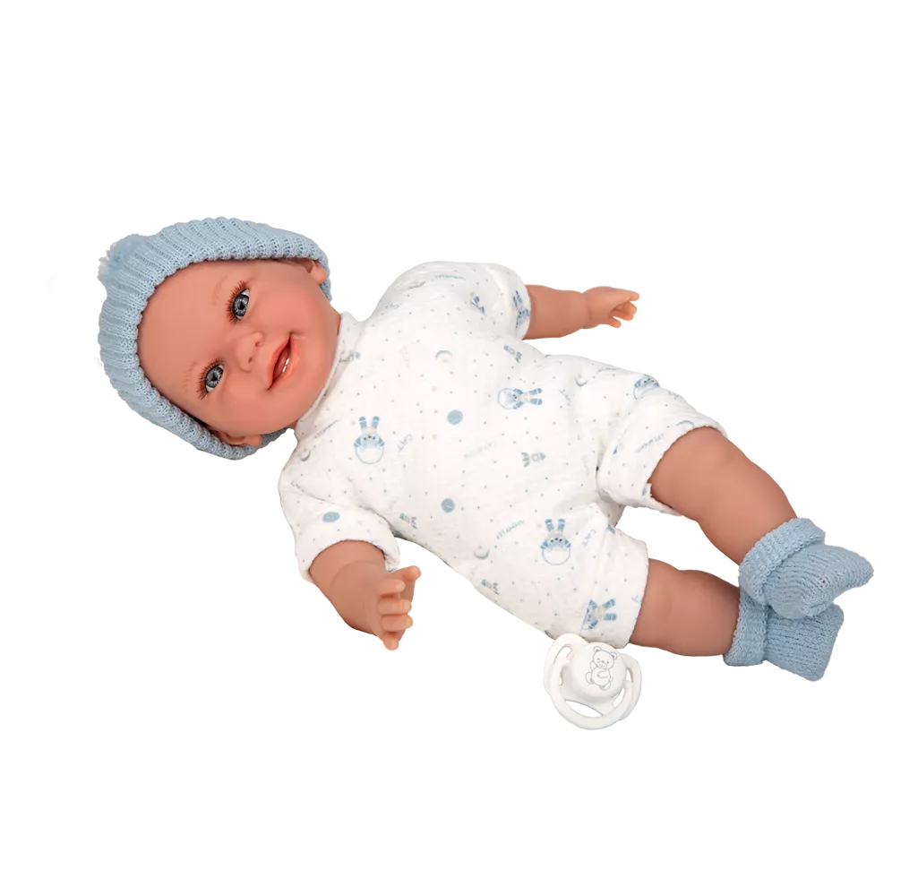 Arias kūdikėlis su garsu, su žydra kepuryte, 34 cm