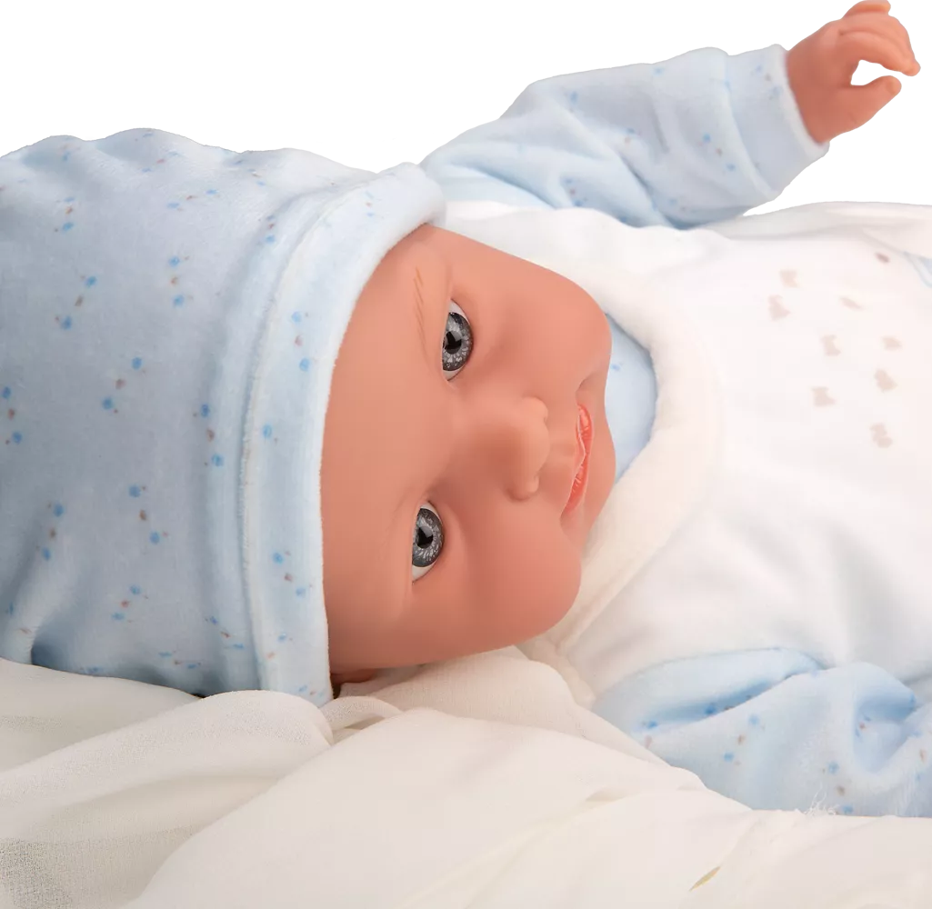 Arias kūdikėlis su garsu, žydrais rūbeliais, 42 cm