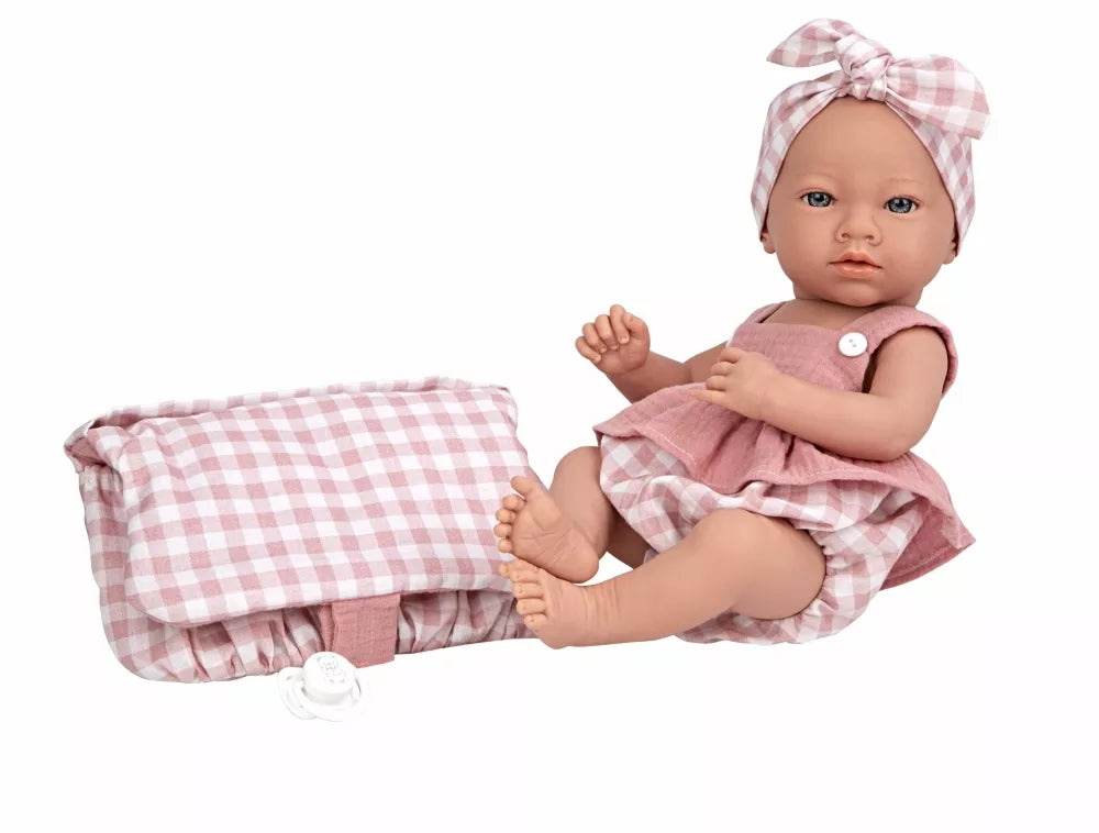 Arias lėlė su languotais, rožiniais rūbeliais, mergaitė, 38 cm
