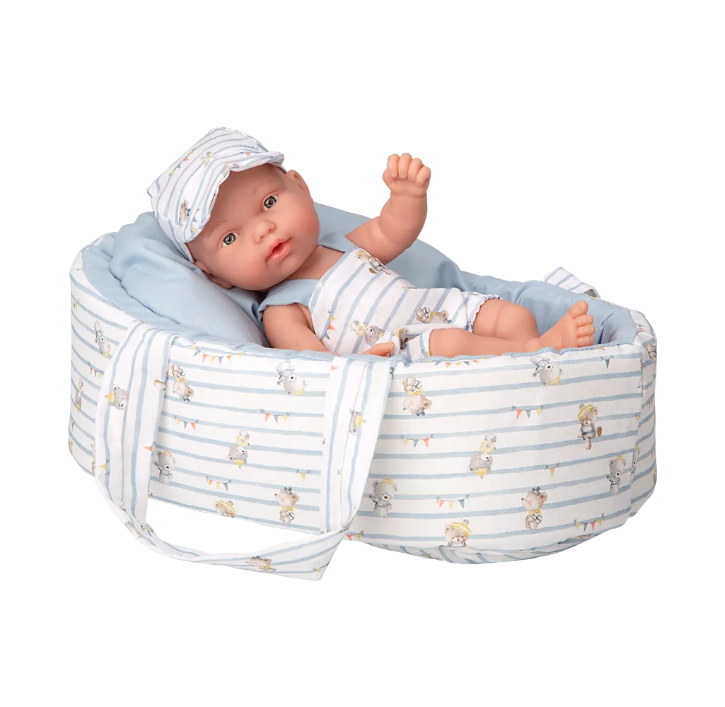 Arias kūdikėlis žydroje nešyklėje su meškiukais, 26 cm