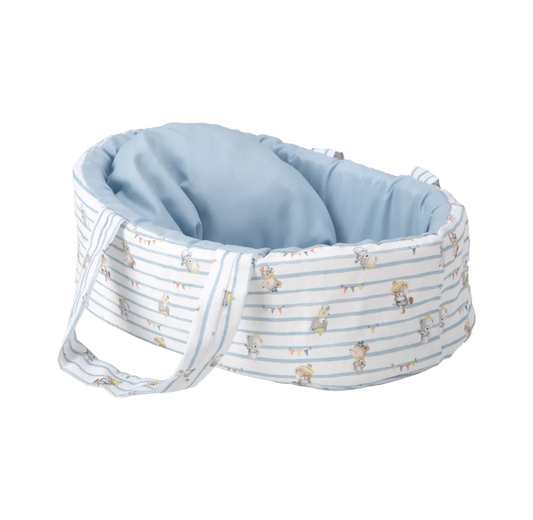 Arias kūdikėlis žydroje nešyklėje su meškiukais, 26 cm