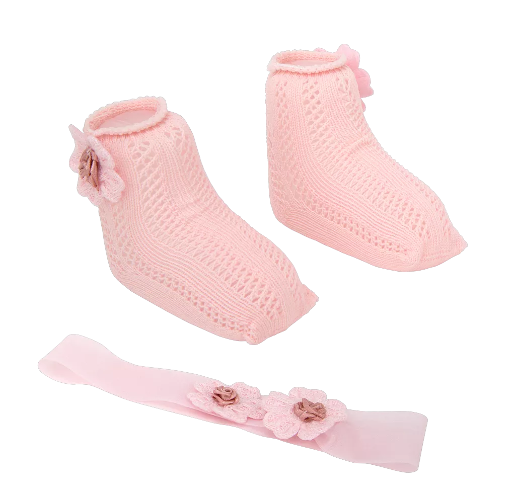 Arias lėlės kūdikio nertų kojinyčių ir lankelio rinkinys, rožinis