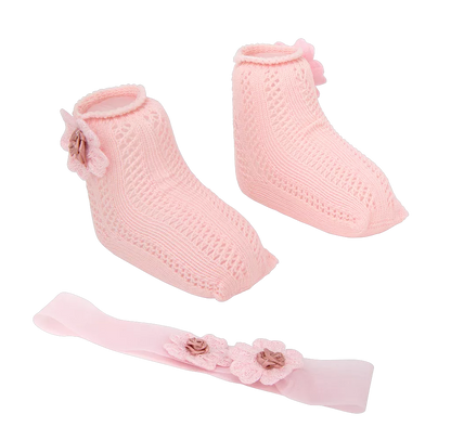 Arias lėlės kūdikio nertų kojinyčių ir lankelio rinkinys, rožinis
