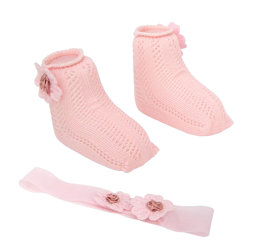 Arias lėlės kūdikio nertų kojinyčių ir lankelio rinkinys, rožinis