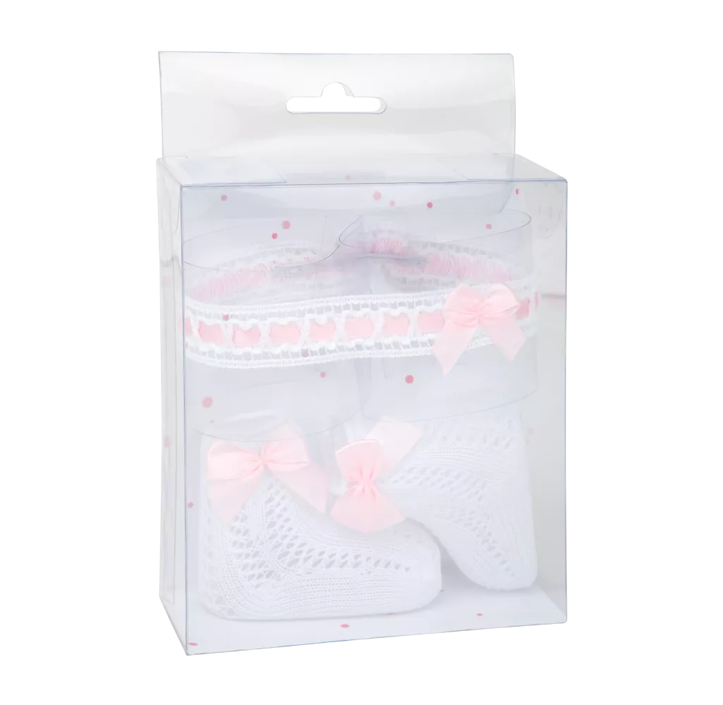 Arias lėlės kūdikio nertų kojinyčių ir lankelio rinkinys, baltas