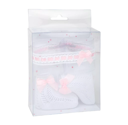 Arias lėlės kūdikio nertų kojinyčių ir lankelio rinkinys, baltas