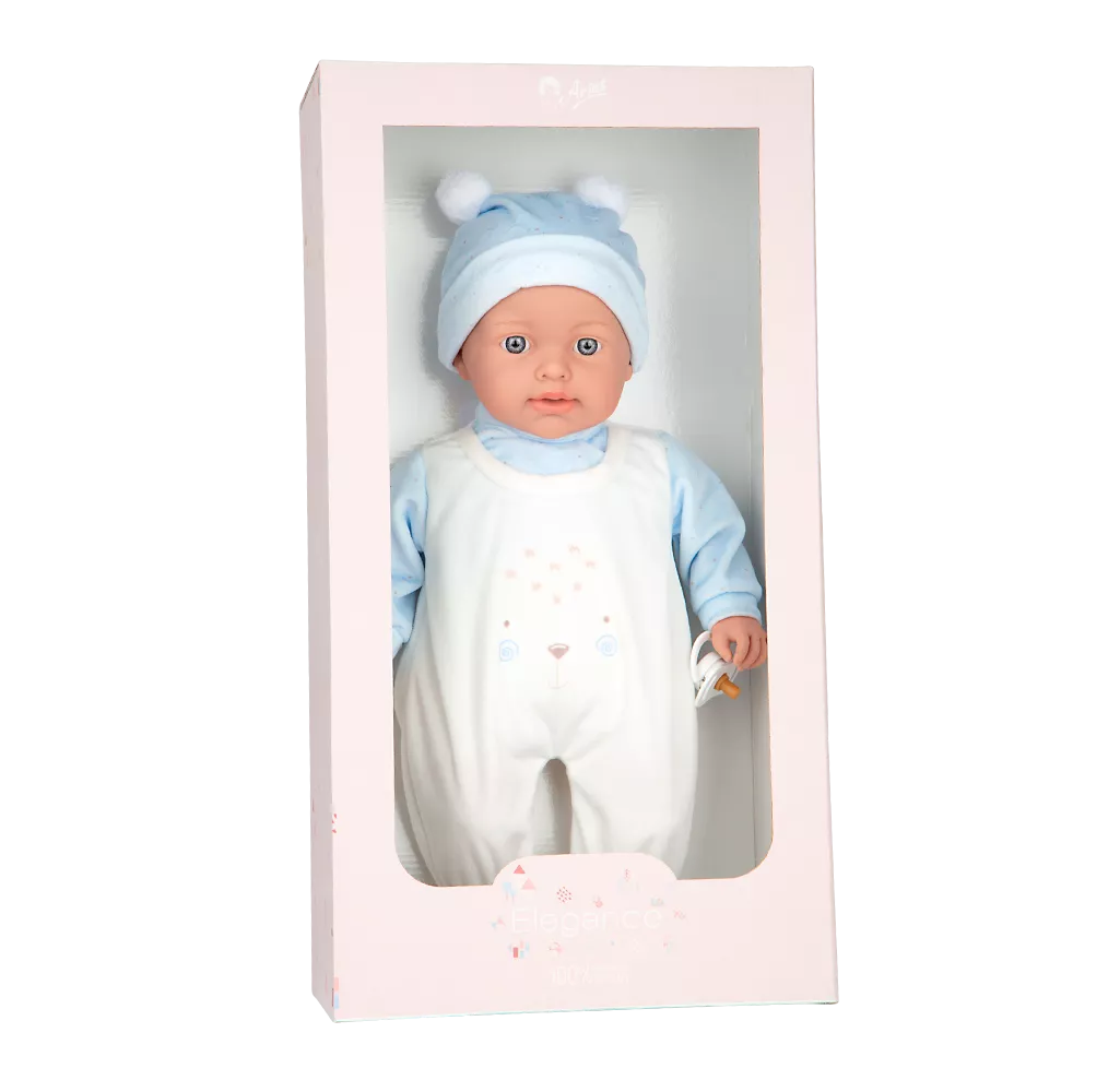 Arias kūdikėlis su garsu, žydrais rūbeliais, 42 cm