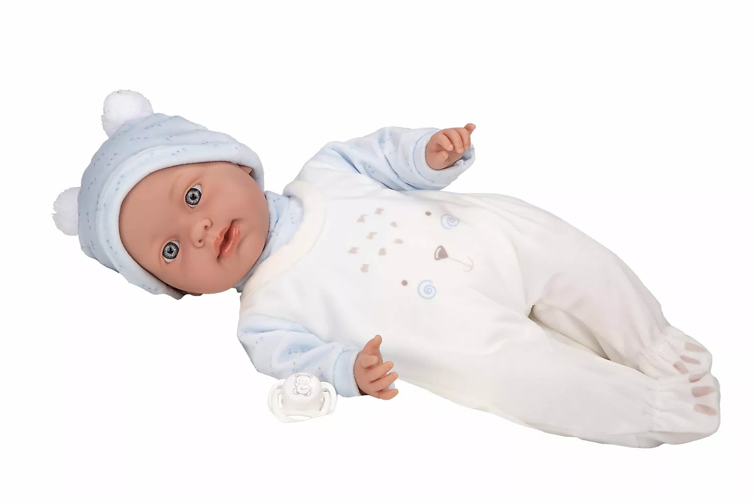 Arias kūdikėlis su garsu, žydrais rūbeliais, 42 cm