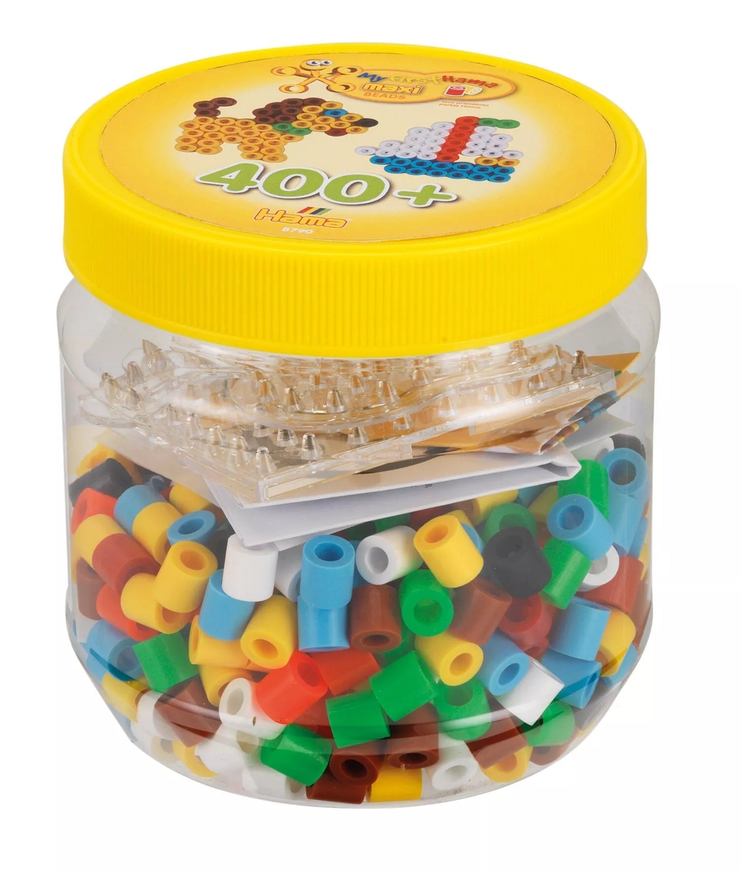 HAMA MAXI karoliukai ir dėliojimo lentelės geltoname indelyje