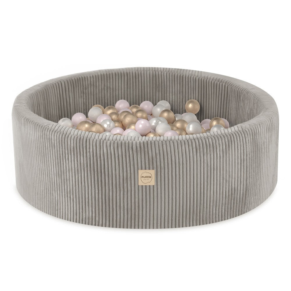 Plush Nest Round Corduroy Ball Pool, 90 × 30 cm — Beige, 200 Pearl, Light Pink and Gold Balls