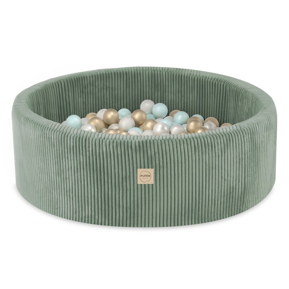 Plush Nest Round Corduroy Ball Pool, 90 × 30 cm — Green, 200 Pearl, Pearl Mint and Gold Balls
