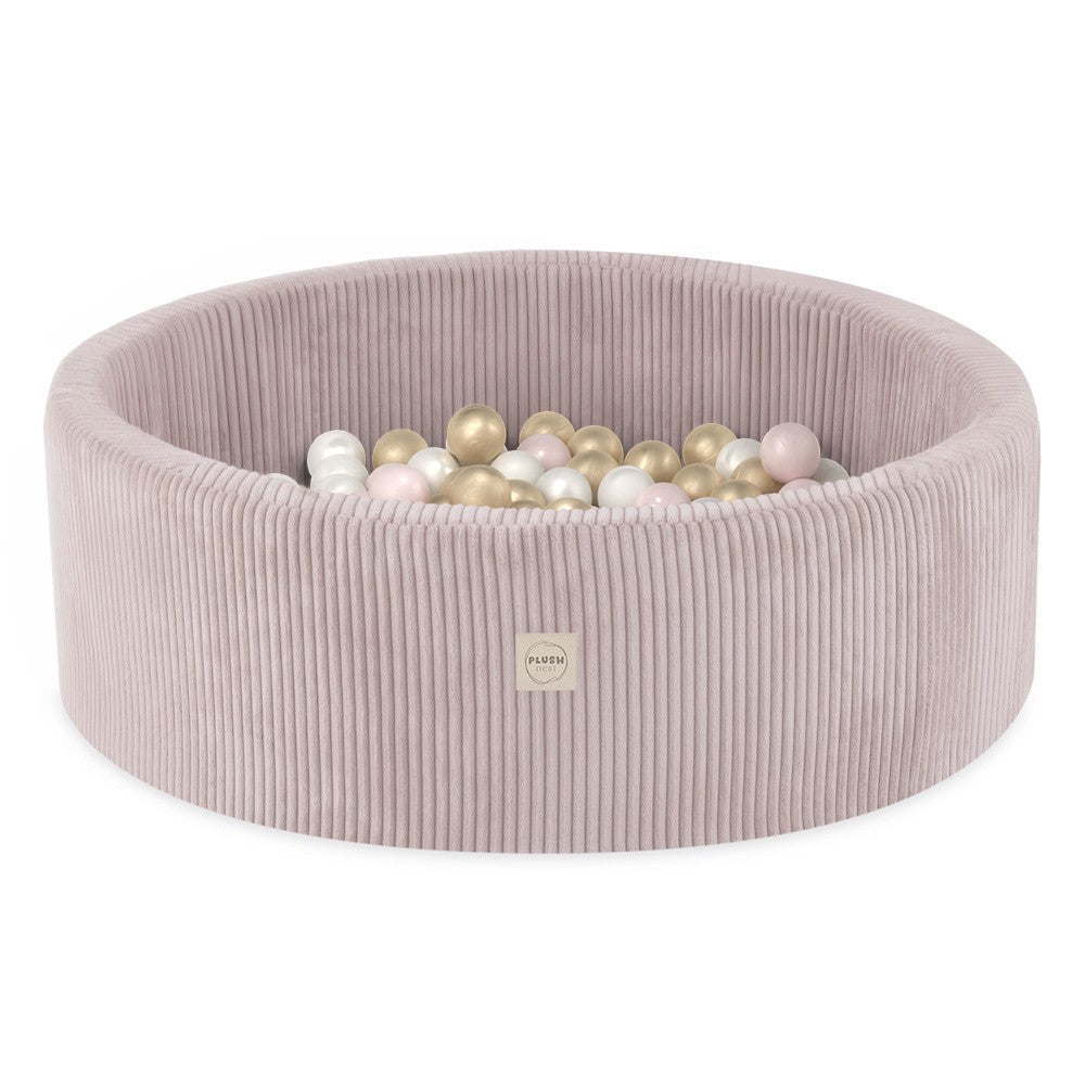 Plush Nest Round Corduroy Ball Pool, 90 × 30 cm — Light Pink, 200 Pearl, Light Pink and Gold Balls