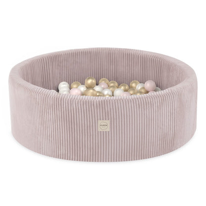 Plush Nest Round Corduroy Ball Pool, 90 × 30 cm — Light Pink, 200 Pearl, Light Pink and Gold Balls