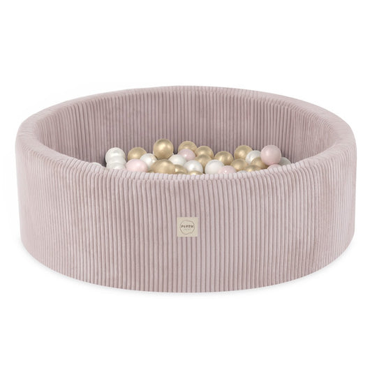 Plush Nest Round Corduroy Ball Pool, 90 × 30 cm — Light Pink, 200 Pearl, Light Pink and Gold Balls